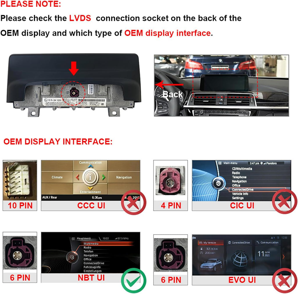 PEMP CarPlay Android Auto Monitor Linux Screen for BMW (2012-2016) 1 Series F20 CIC NBT System with a 720P AHD Revers Camera