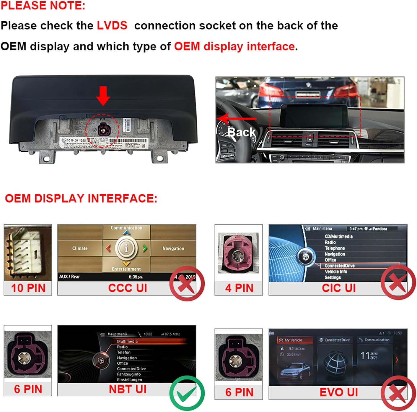 PEMP CarPlay Android Auto Monitor Linux Screen for BMW (2012-2016) 1 Series F20 CIC NBT System with a 720P AHD Revers Camera