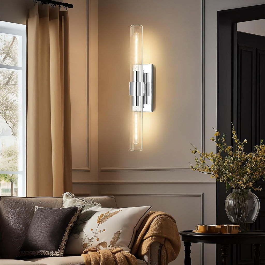 Wall Sconces Set of 2, 22.8' Chrome Bathroom Sconces, Indoor Sconces Lighting with Glass, Nickel Vanity Lights with Tube, Dimmable Bedroom Bedside Wall Light for Dressing Table Staircase