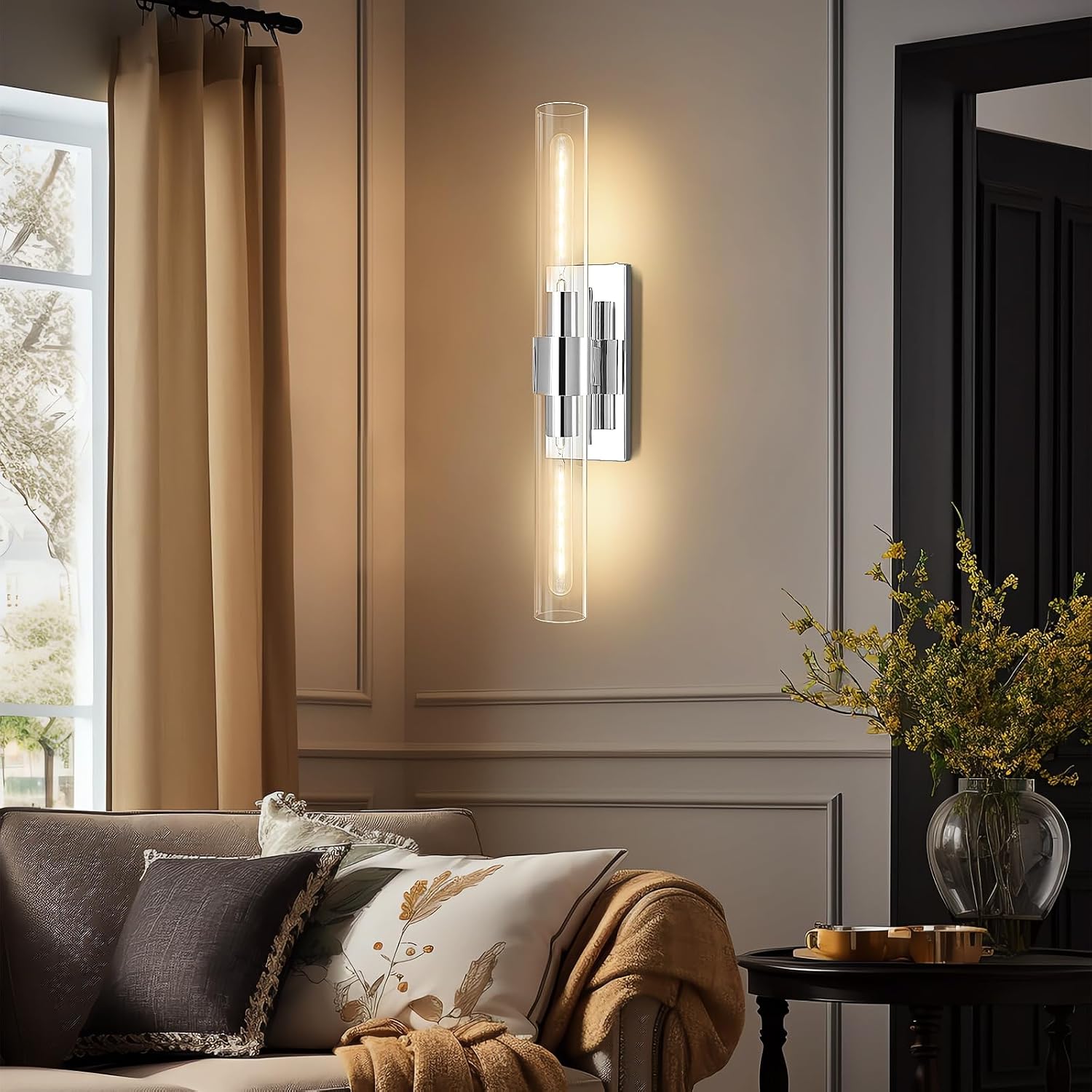 Wall Sconces Set of 2, 22.8' Chrome Bathroom Sconces, Indoor Sconces Lighting with Glass, Nickel Vanity Lights with Tube, Dimmable Bedroom Bedside Wall Light for Dressing Table Staircase
