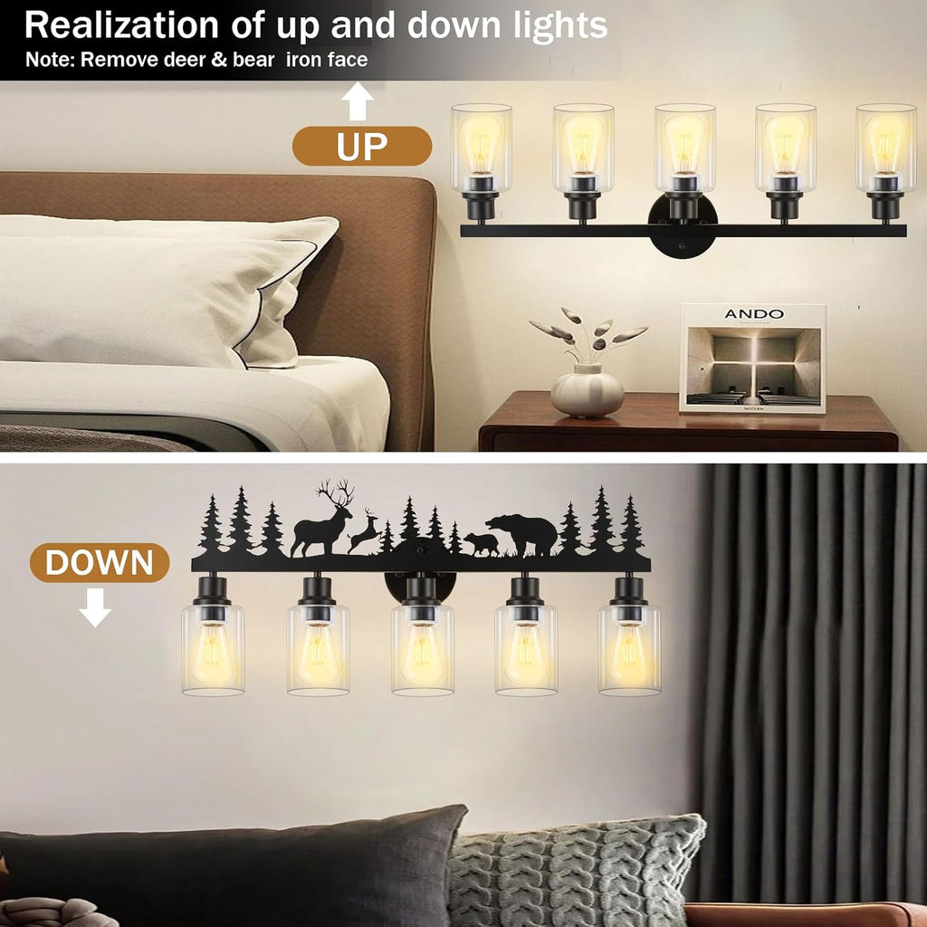 Rustic Bathroom Light Fixtures, 5-Light Farmhouse Vanity Lamp with Deer and Bear Design, Black Wall Lighting with Clear Glass Shade for Bathroom, Hallway, Kitchen, Porch