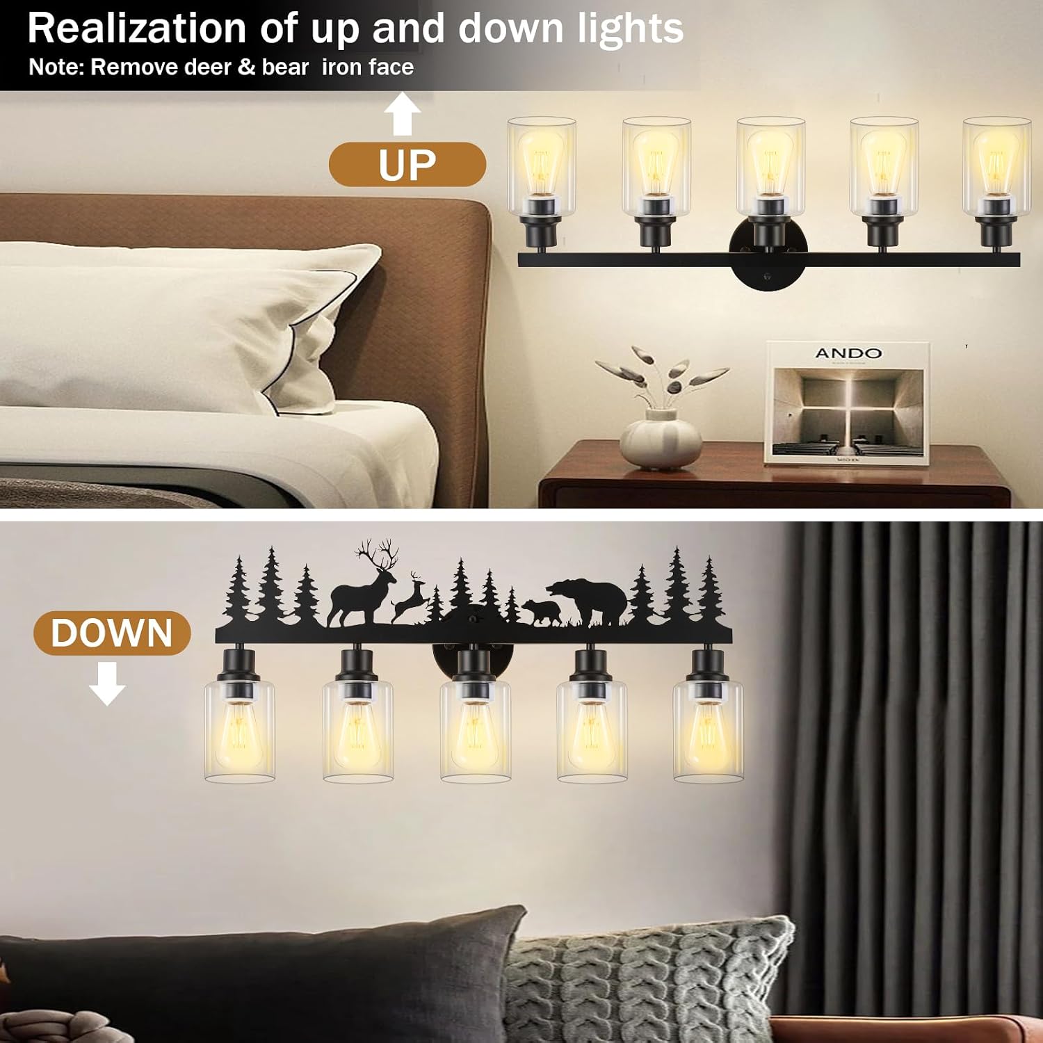 Rustic Bathroom Light Fixtures, 5-Light Farmhouse Vanity Lamp with Deer and Bear Design, Black Wall Lighting with Clear Glass Shade for Bathroom, Hallway, Kitchen, Porch
