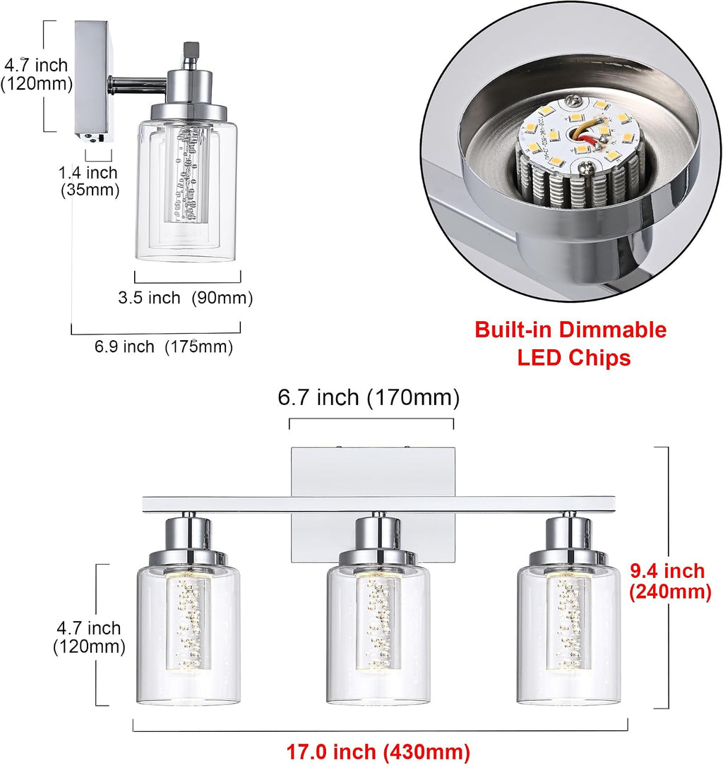 MELUCEE 5 Color Dimmable Vanity Lights 3 Light LED Bathroom Light Fixtures Chrome Bathroom Lights Over Mirror Wall Light Fixtures with Crystal Bubble Clear Glass Shade, Built-in LED Chips