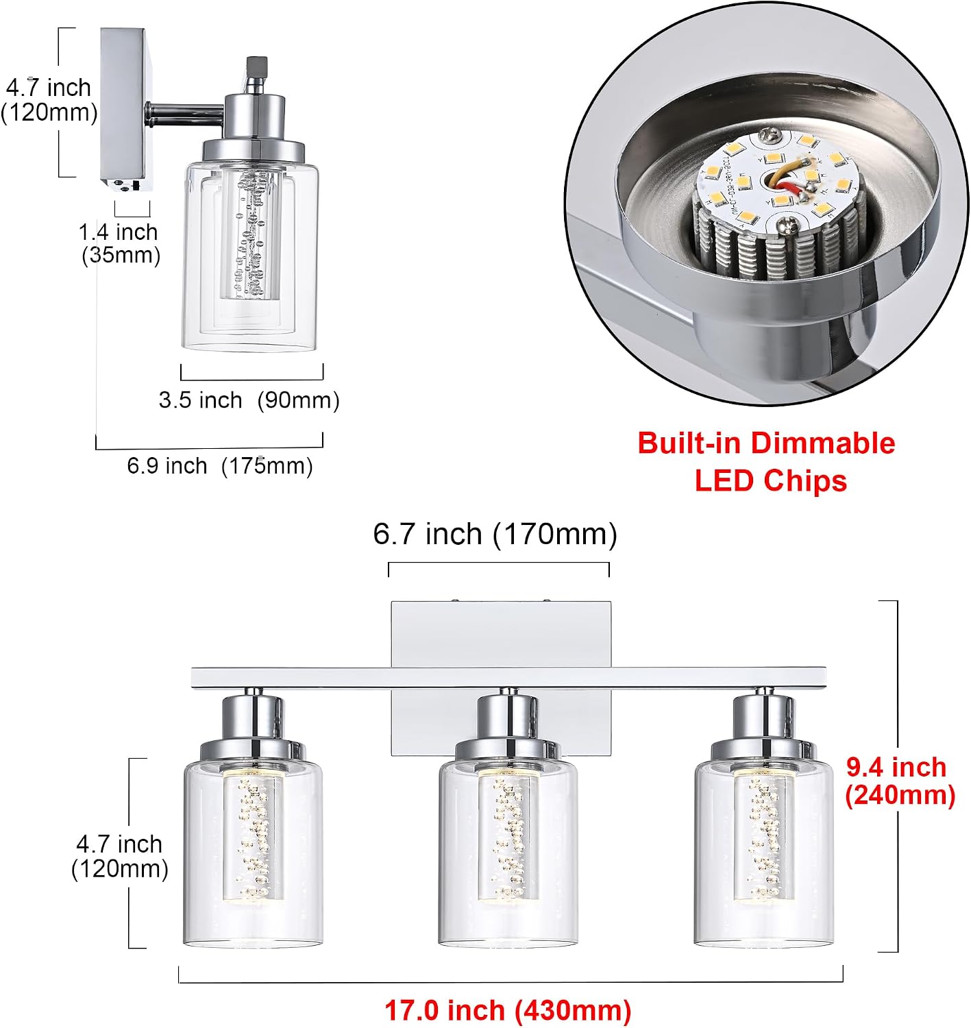 MELUCEE 5 Color Dimmable Vanity Lights 3 Light LED Bathroom Light Fixtures Chrome Bathroom Lights Over Mirror Wall Light Fixtures with Crystal Bubble Clear Glass Shade, Built-in LED Chips