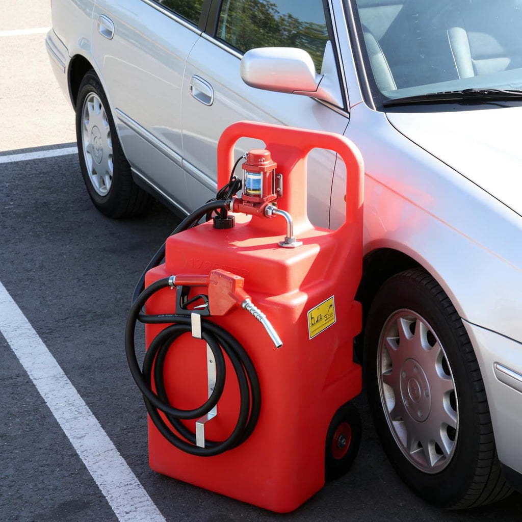 32 Gallon Fuel Caddy, Portable Gas Storage Fuel Tank with 12GPM Fuel Transfer Pump& 2 Wheels, Gasoline Diesel Container for Cars, ATVs, Boats, Lawn Mowers, Red