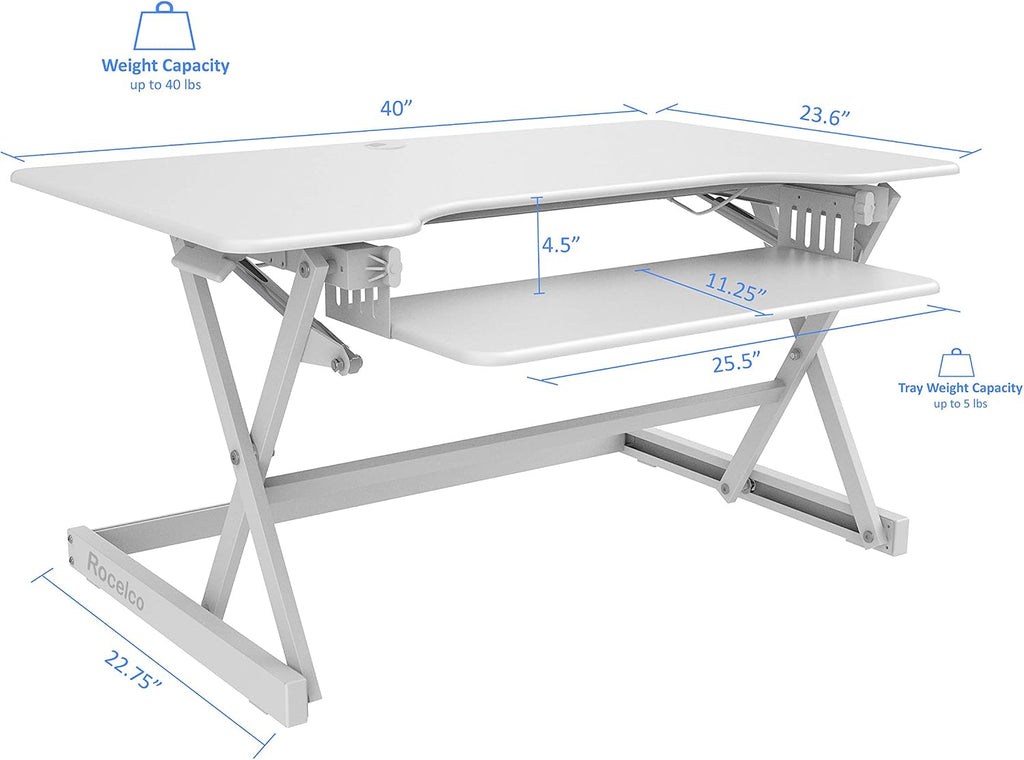 Rocelco 40' Large Height Adjustable Standing Desk Converter - Quick Sit Stand Up Dual Monitor Riser - Gas Spring Assist Computer Workstation - Retractable Keyboard Tray - White (R DADRW-40)