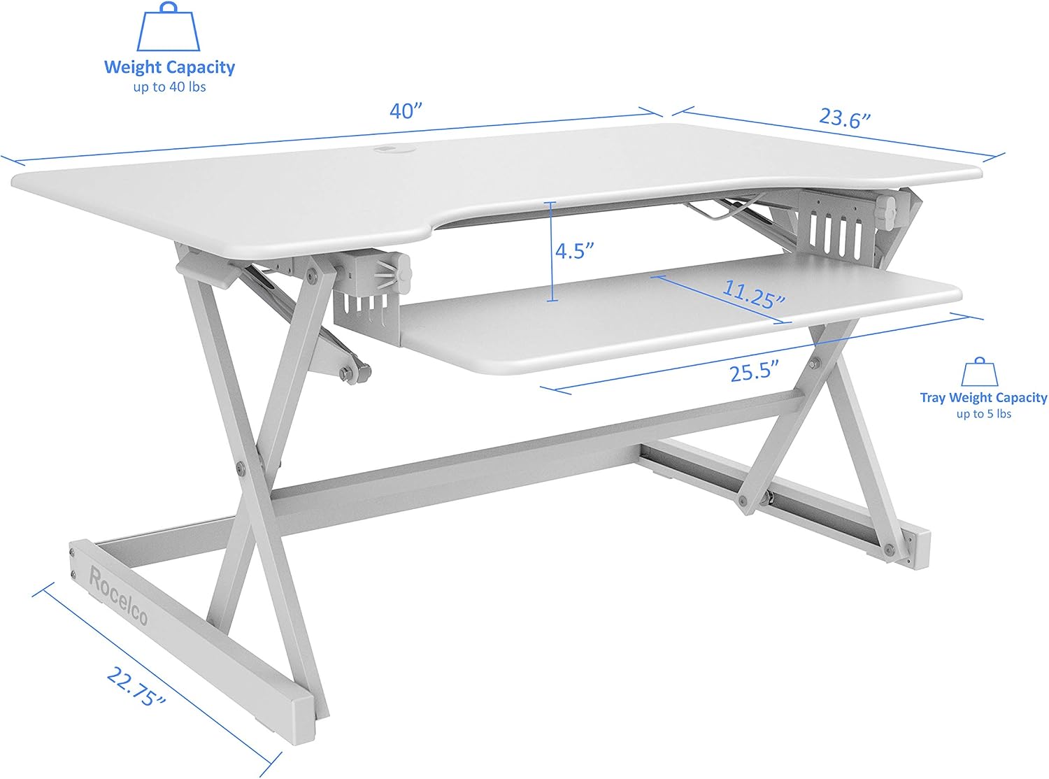 Rocelco 40' Large Height Adjustable Standing Desk Converter - Quick Sit Stand Up Dual Monitor Riser - Gas Spring Assist Computer Workstation - Retractable Keyboard Tray - White (R DADRW-40)