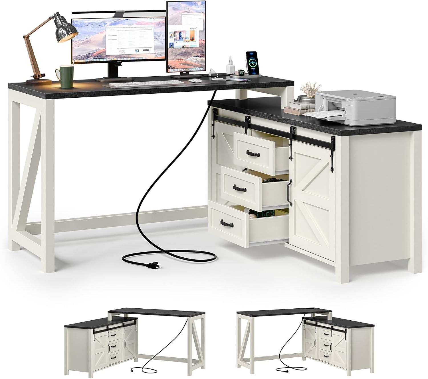 Executive L Shaped Office Desk with Drawers, Farmhouse Corner Desk for Home Office with Storage Cabinet, Computer Desk with Charging Station, Reversible Study Writing Table Workstation, Rustic White