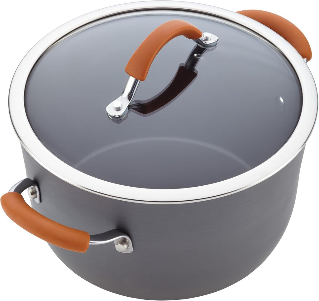 Rachael Ray Cucina Dishwasher-Safe Hard-Anodized Pots and Pans Set Non Stick Cookware, 12 Piece, Gray with Orange Handles