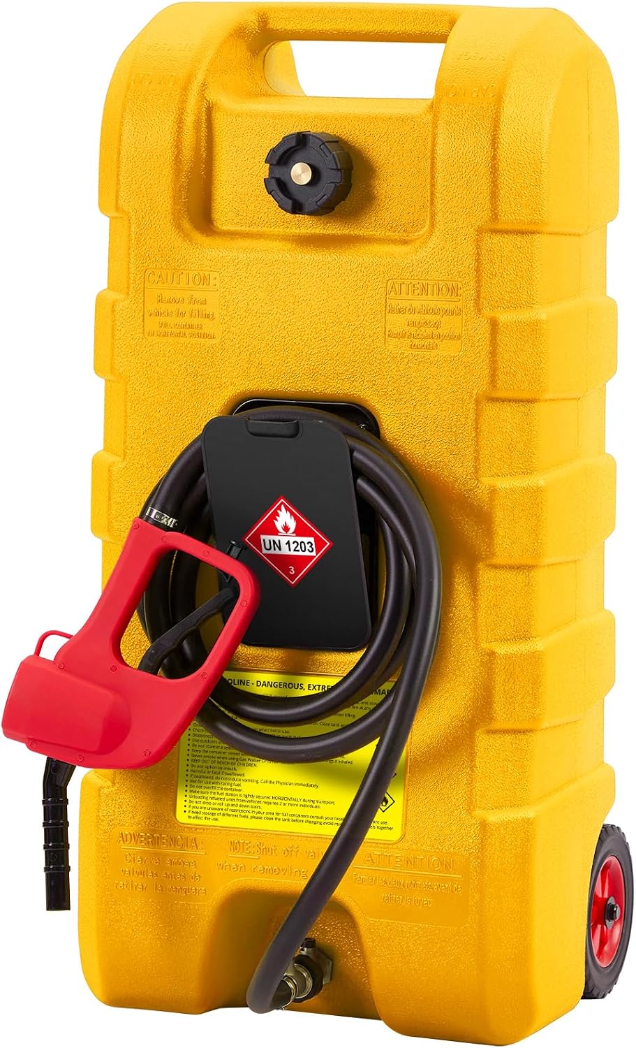 15 Gallon Gas Can, Heavy-Duty Fuel Tank with Manual Transfer Pump & 10FT Hose, Portable Gas Caddy with Wheels, Leak-Proof Gas Container for Lawn Mowers, Cars, Boats, ATVs, Yellow