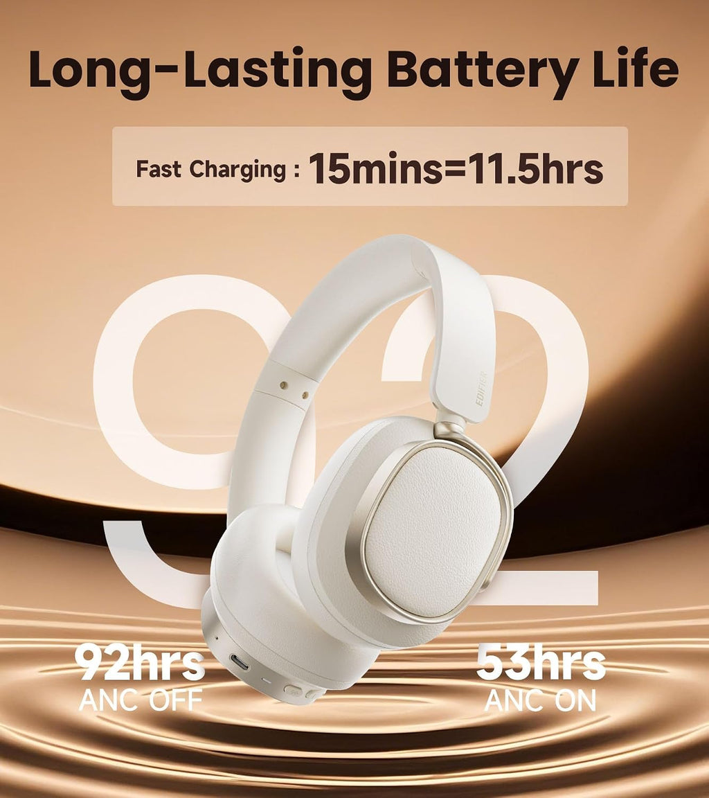Edifier Active Noise Cancelling Headphones, Over Ear Bluetooth Headset, 92H Playtime Wired & Wireless Hi-Res Audio Certified, Fast Charging Clear Calls Travel - Ivory (Renewed)