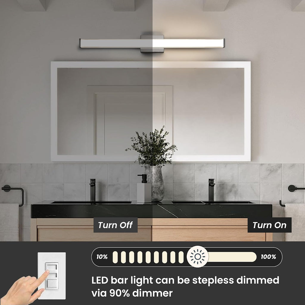 Modern LED Bathroom Vanity Light 48 inch 32W Dimmable 3CCT Bathroom Light Fixture Over Mirror Rectangle Bath Vanity Light Bar with Double Layer Acrylic Shade (Chrome)