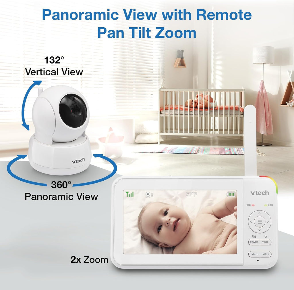 VTech 924-2W Video Baby Monitor with 2 Cameras, 5' LCD Screen, No WiFi, Pan Tilt Zoom, Up to 17Hrs Video & 31Hrs Audio Battery, 1000ft Range, Night Vision, Lullabies, Temperature Sensor, 2-Way Talk