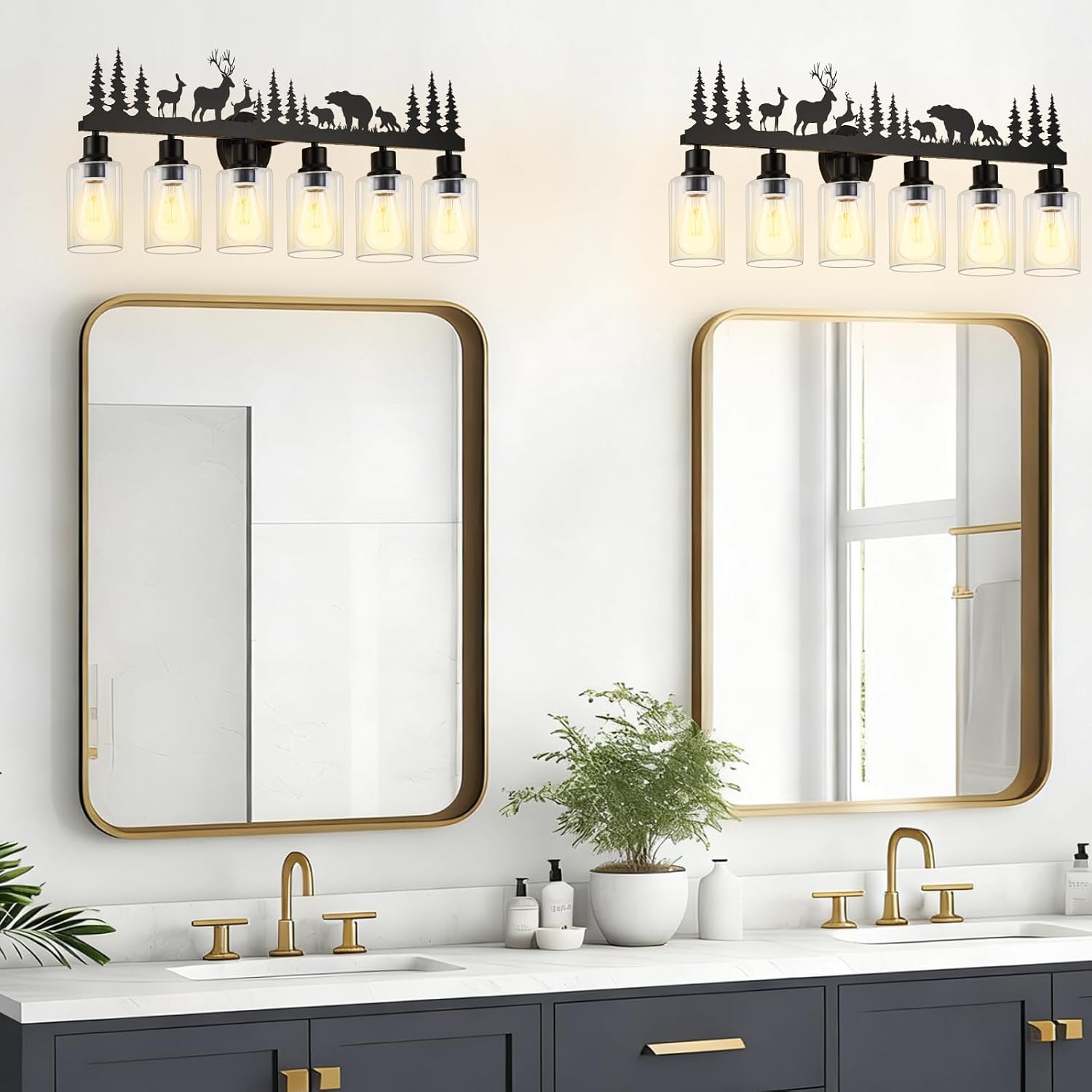 Rustic Bathroom Light Fixtures, 6-Light Farmhouse Vanity Lamp with Deer and Bear Design, Black Wall Lighting with Clear Glass Shade for Bathroom, Hallway, Kitchen, Porch