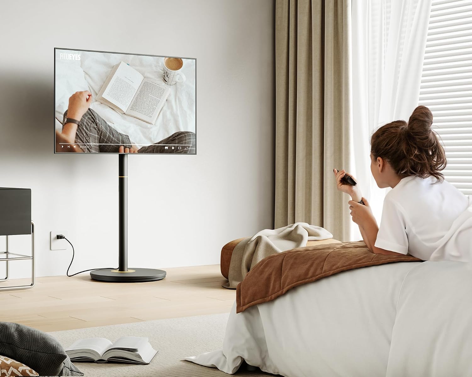 FITUEYES Design Mobile Rolling TV Cart for 32-65 Inches Television, Modern Corner TV Floor Stand on Wheels Fits Max VESA 400x400mm, V2 Portable Smart Television Cart, Black, Master Series