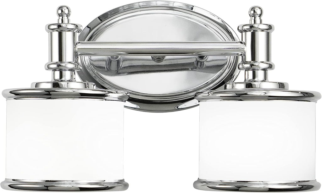 VAXCEL Carlisle 2-Light 13.75 inch Wide Chrome Transitional Bathroom Vanity Lighting Fixture, White Frosted Opal Glass Shade, Dimmable, LED Compatible, Reversible Over The Mirror Mounted Wall Sconce