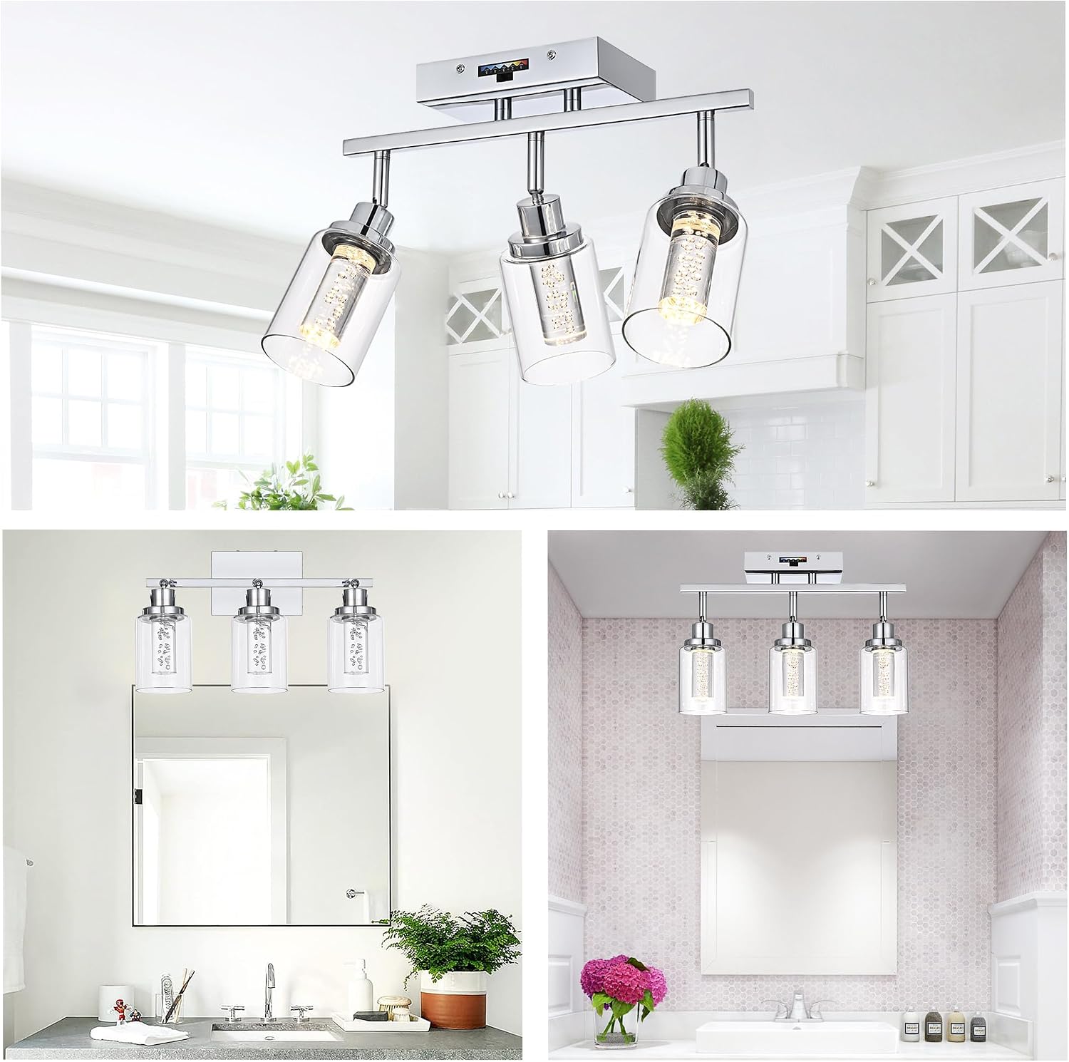 MELUCEE 5-Color Dimmbale LED Track Lighting Kit Chrome Ceiling Mount 3-Light Wall Scones Rotatable Spotlight Ceiling Light Fixture, Kitchen Track Lighting Bathroom Vanity Fixtures, Clear Glass