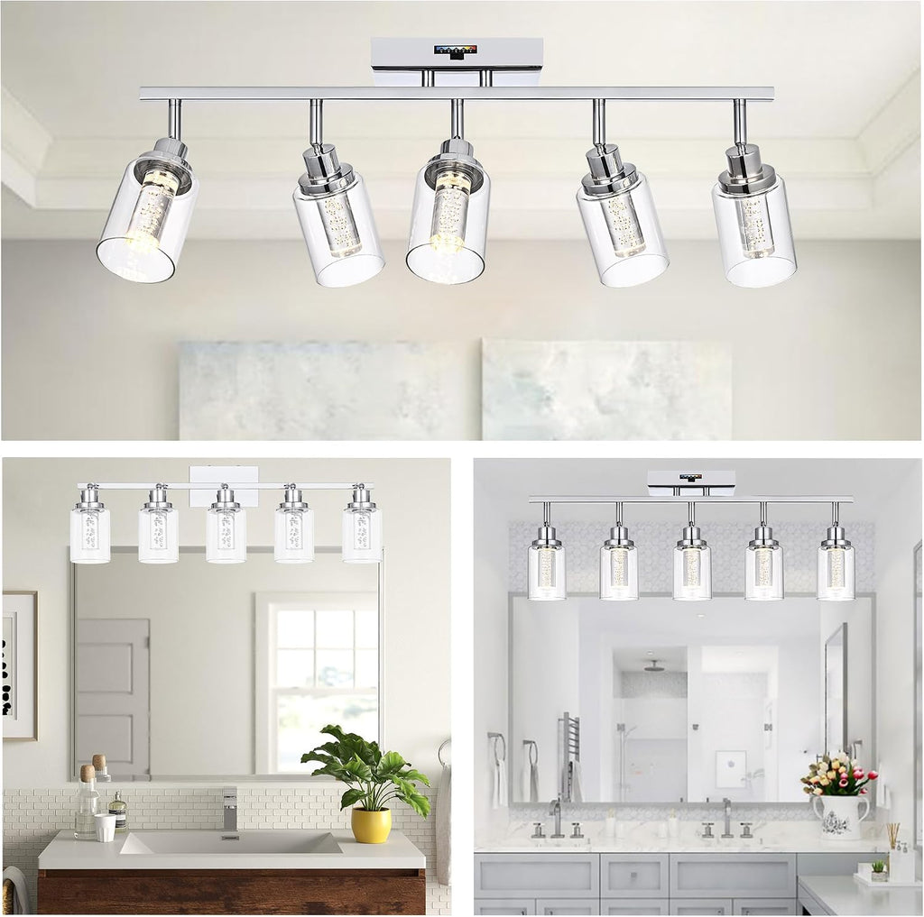 MELUCEE 5-Color Dimmbale Rotatable Spotlight Ceiling Light Fitxures 5-Light LED Track Lighting Kit Chrome Bathroom Vanity Light Wall Mount Ceiling Mount Kitchen Tracking Lights, Clear Glass Shade