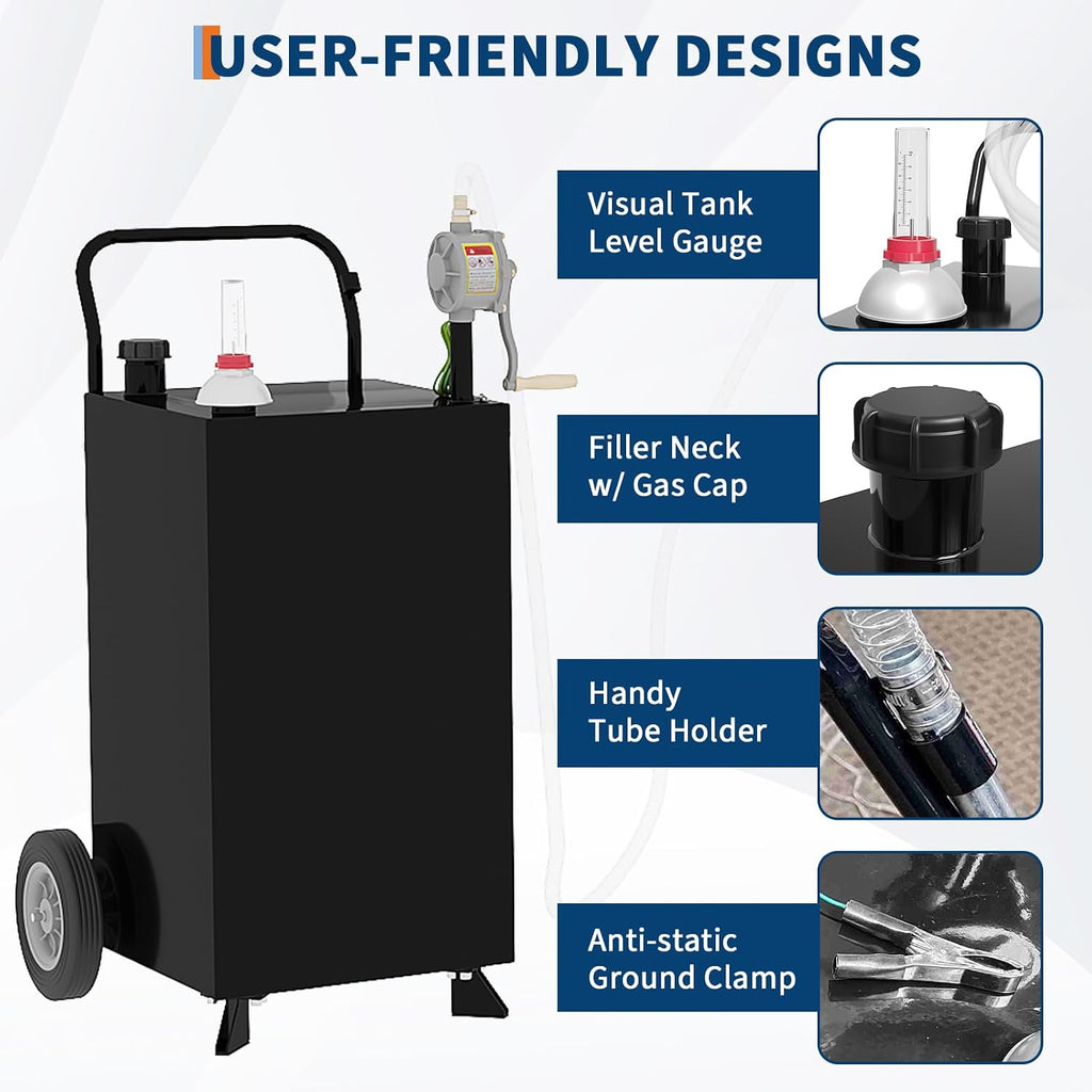 40 Gallon Fuel Caddy, Fuel Transfer Tank with Pump, Gas Storage Tank, Gasoline Diesel Fuel Container for Cars, Lawn Mowers, ATVs, Boats, More, Black