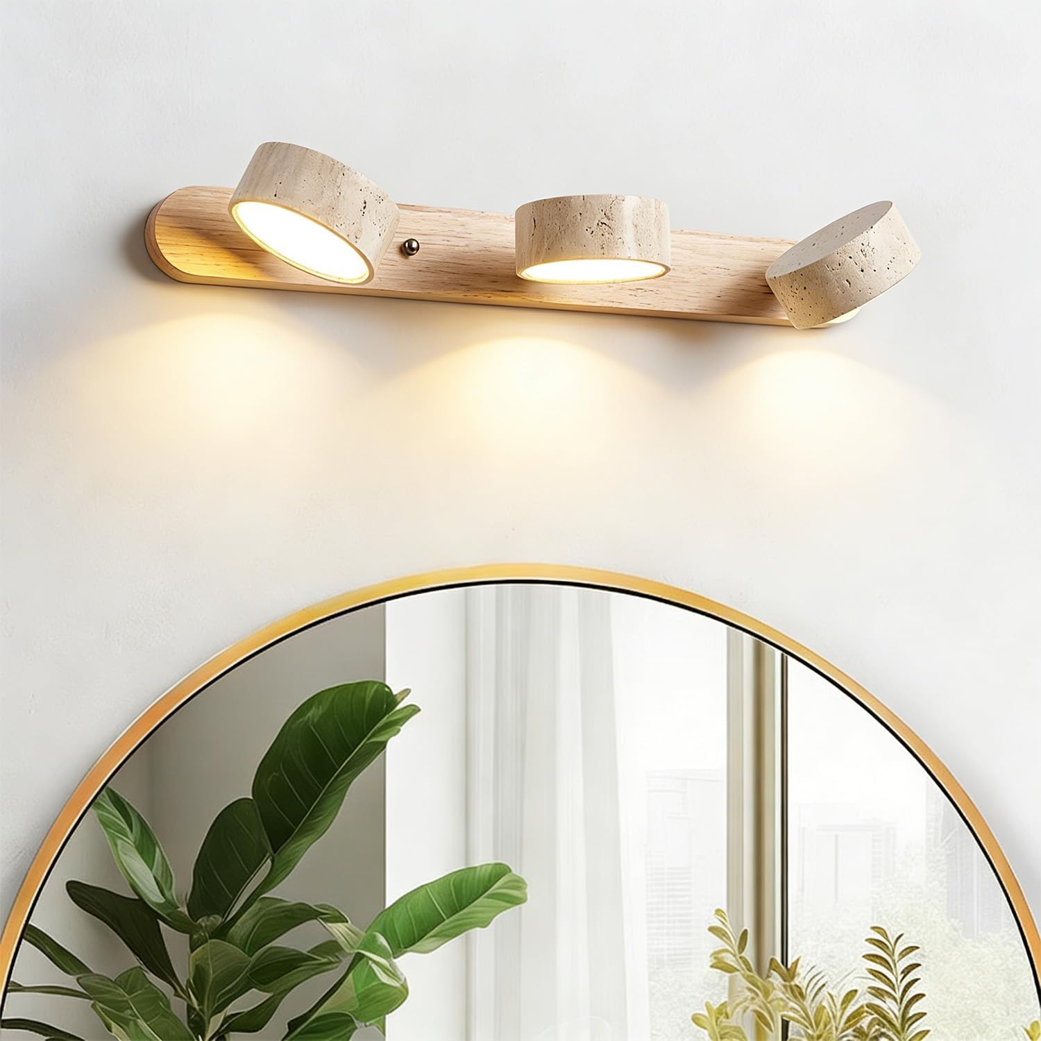 LED Natural Wood Vanity Light with 3 Travertine Stone Shades, Bathroom Vanity Light Fixture, 360° Rotatable Stone Lampshades, Modern Rustic Wall Lamp for Bedroom, Living Room, Hallway (Natural Wood)