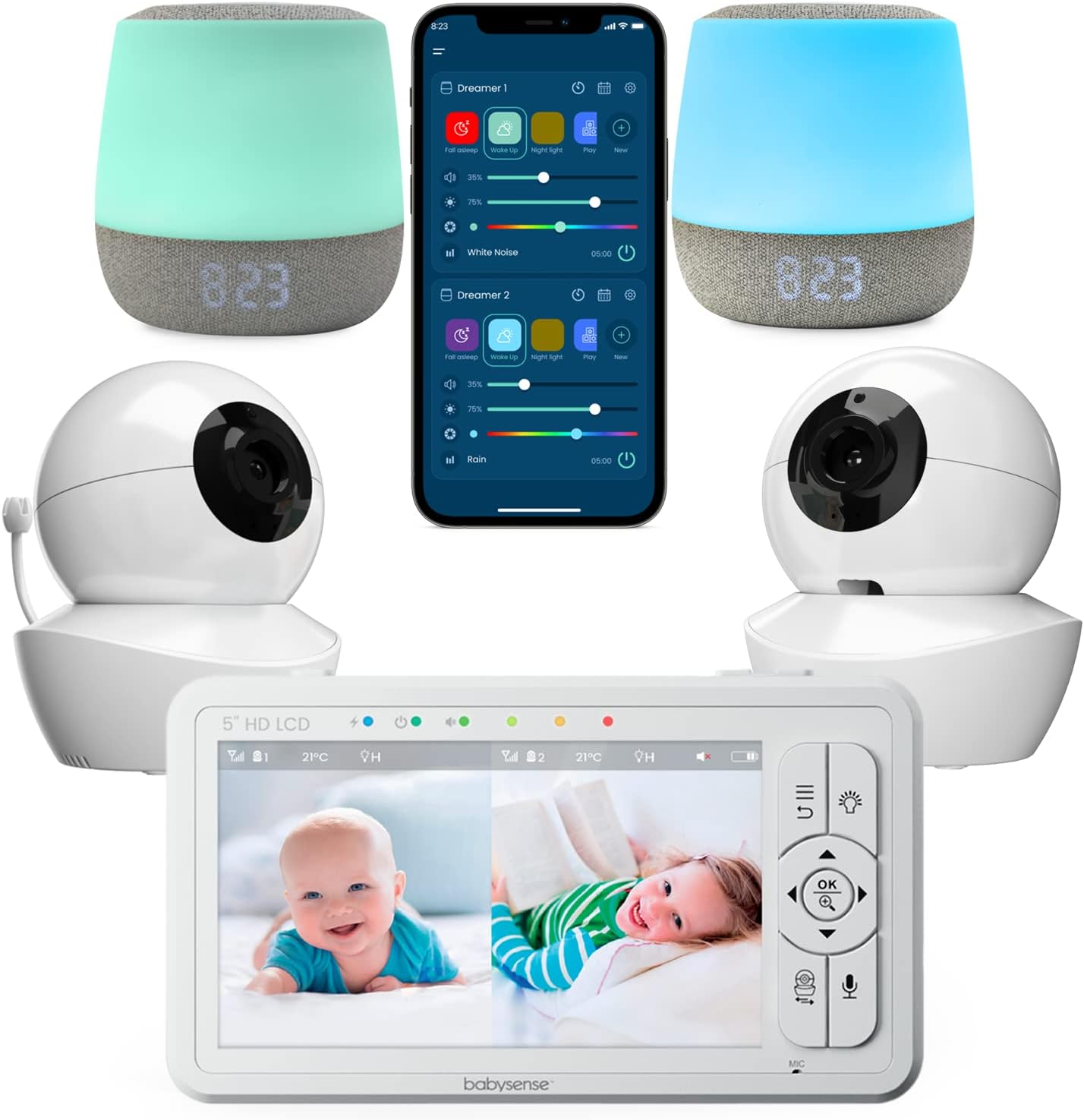 Babysense 3 in 1 Video Baby Monitor with 2 HD Cameras & 5' HD Display Bundled with 2 Smart Baby White Noise Sound and Light Machines for Multiple-Children Monitoring