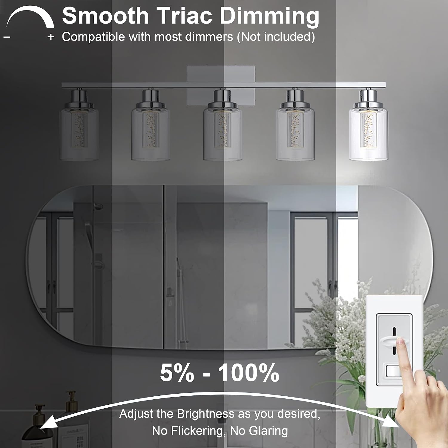 MELUCEE 5 Color Dimmable Bathroom Vanity Light Fixtures 5-Light Bath Wall Lights Modern LED Vanity Lights for Bathroom Chrome with Crystal Bubble Clear Glass Shade, Built-in LED Chips