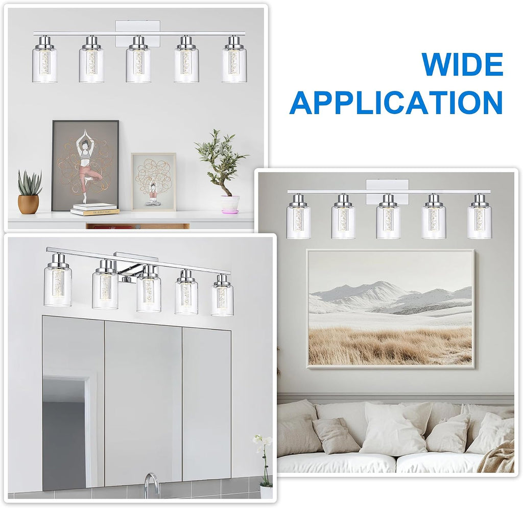 MELUCEE 5 Color Dimmable Bathroom Vanity Light Fixtures 5-Light Bath Wall Lights Modern LED Vanity Lights for Bathroom Chrome with Crystal Bubble Clear Glass Shade, Built-in LED Chips