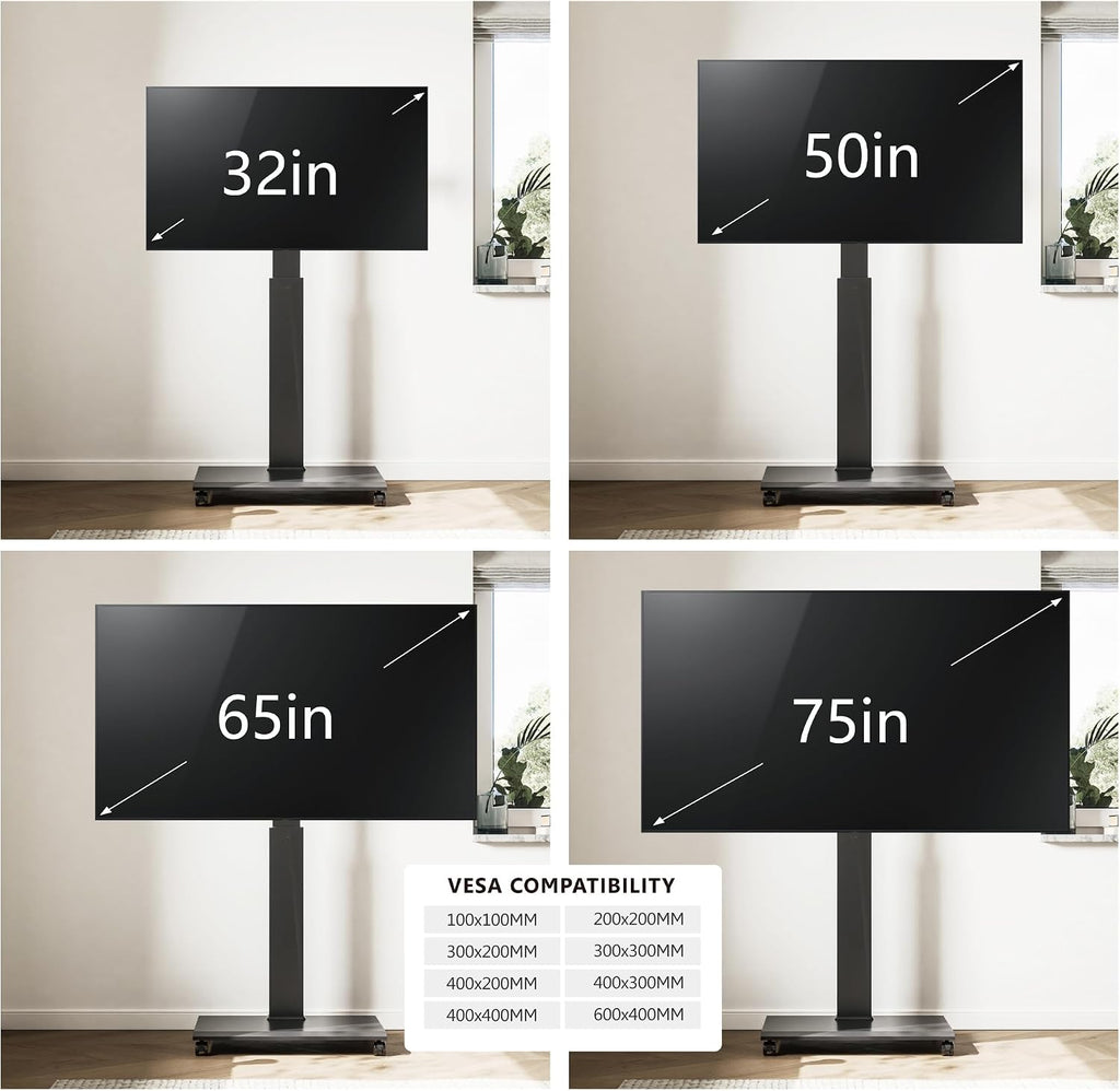 FITUEYES Rolling TV Stand - Portable Mobile TV Cart on Wheels for 32 to 65 70 75 Inch TVs, Landscape to Portrait Rotating and 40°Swivel, Height Adjustable TV Cart Rolling TV Stand Hold Up to 88 Lbs