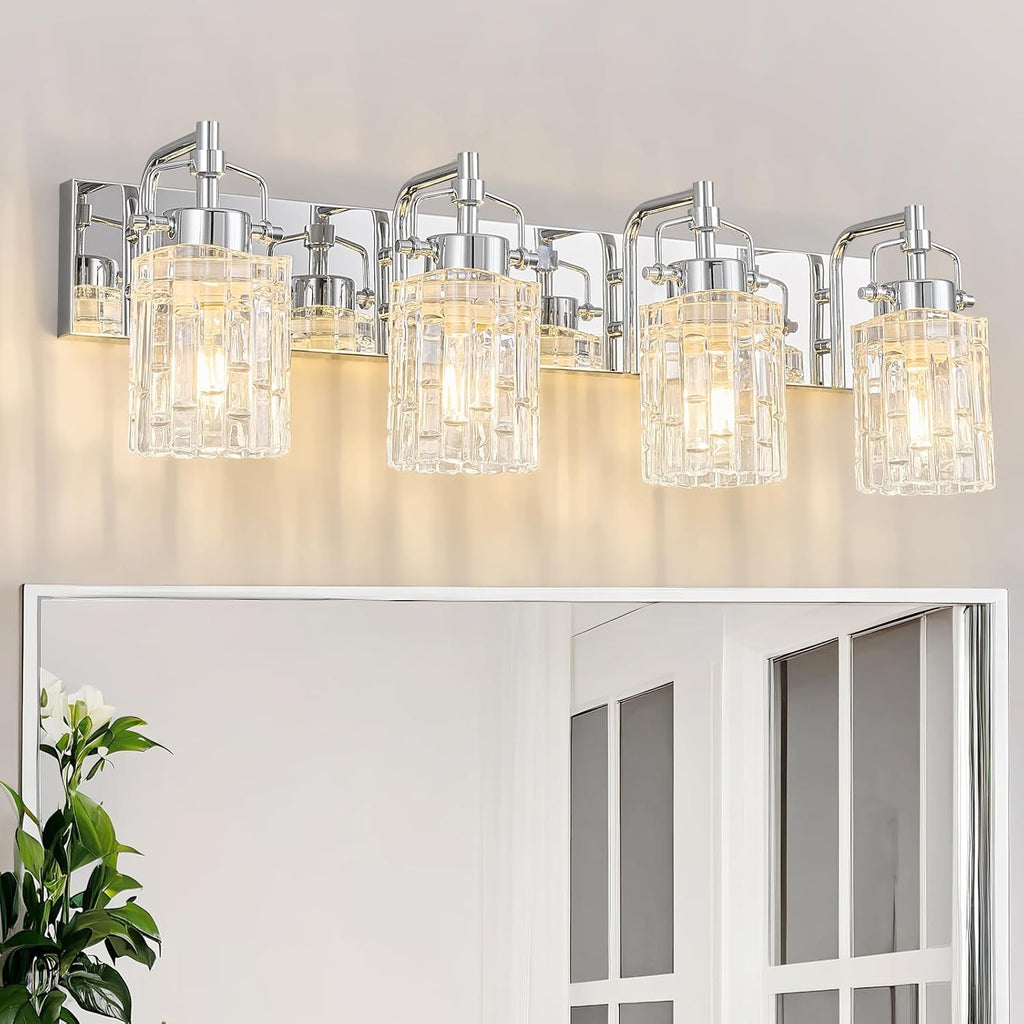 4 Light Crystal Glass Vanity Light, Chrome Bathroom Lighting Fixtures Over Mirror Modern Bath Wall Sconce Lighting for Bedroom Living Room