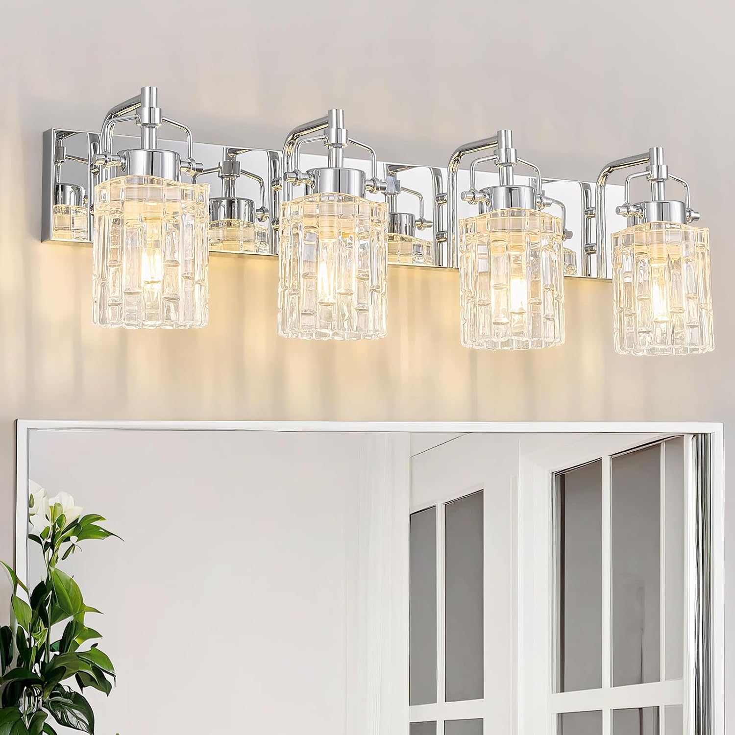 4 Light Crystal Glass Vanity Light, Chrome Bathroom Lighting Fixtures Over Mirror Modern Bath Wall Sconce Lighting for Bedroom Living Room