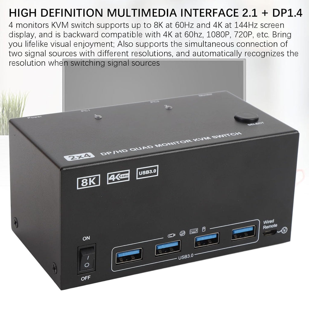 GOWENIC KVM Switch, 4 Monitors 2 Computers DisplayPort 8K 60Hz 4K 144Hz with 4 USB 3.0 Ports, for OS X OS Unix Computers (US)