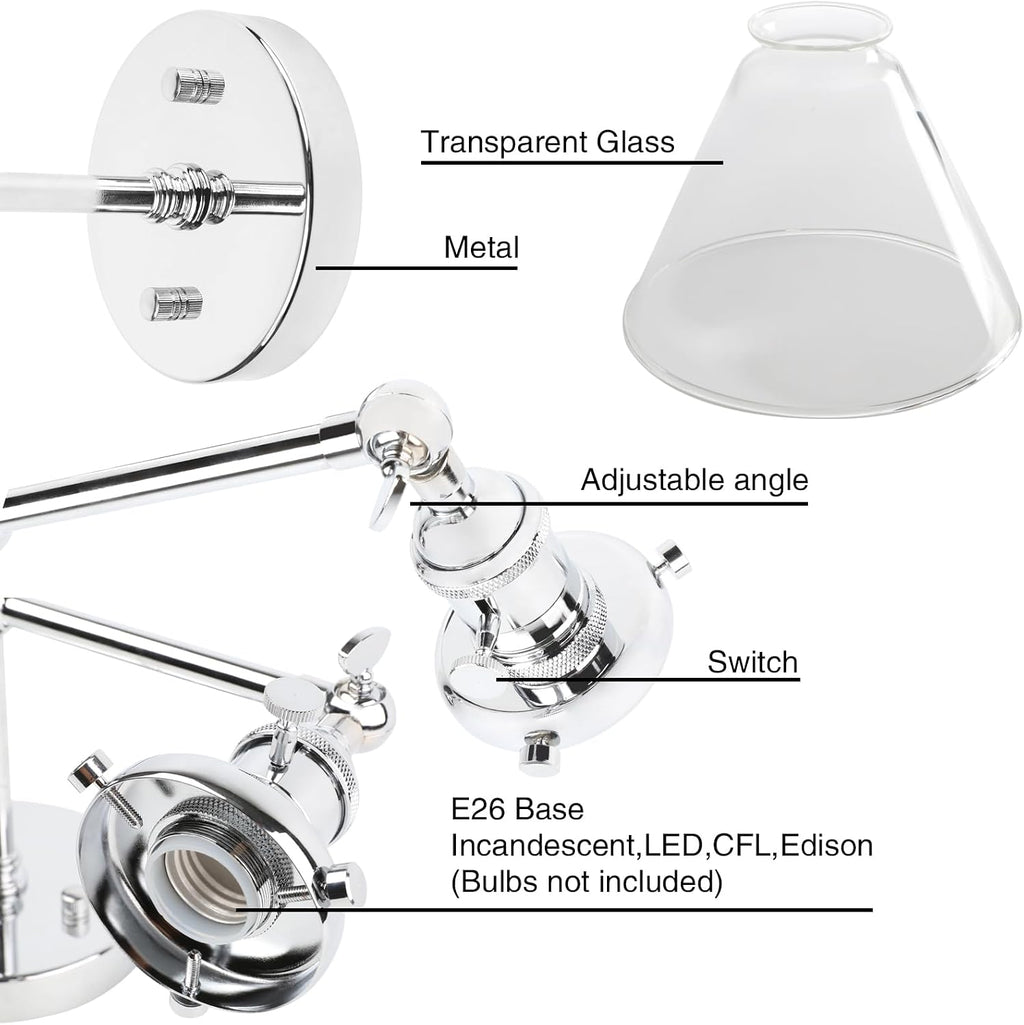 PERMO Double Sconce Chrome Industrial 2-Lights Wall Sconces with Funnel Flared Glass Clear Glass Shade Vanity Light for Bedroom (Chrome)