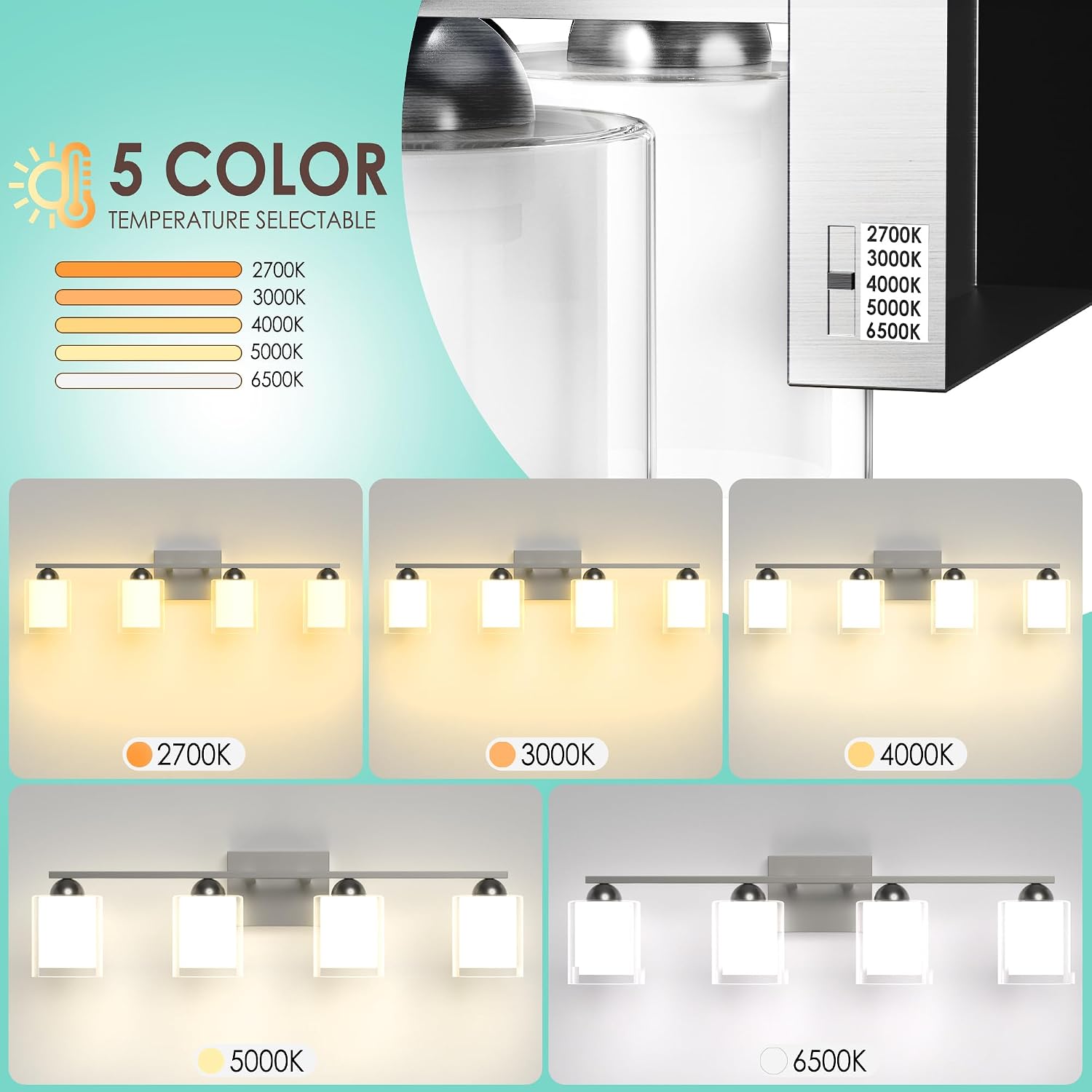 Quntis 4 Light Brushed Nickel Bathroom Light Fixtures, Modern Vanity Lights Over Mirror with 5 Colors & Stepless Dimmable, 27 Inch LED Bathroom Lighting with Milk White Frosted Glass (Bulbs Included)