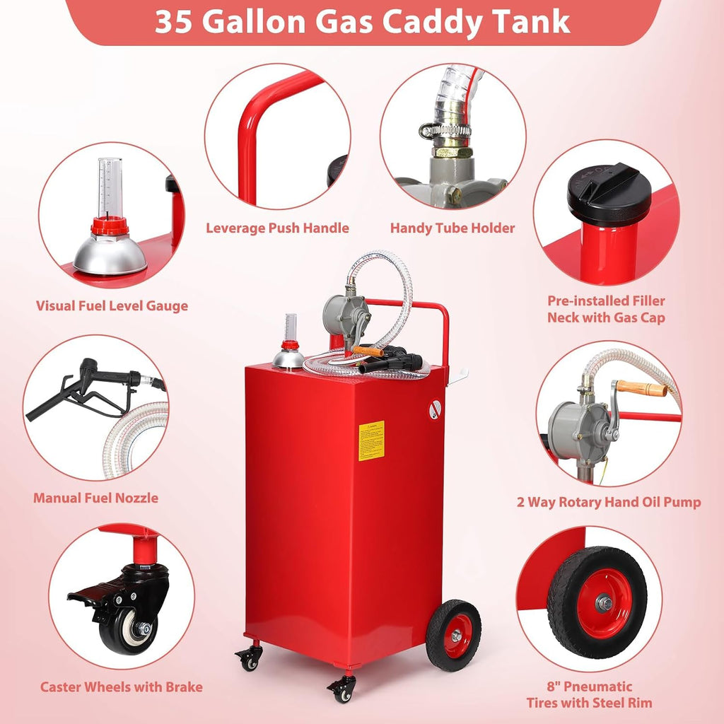 Portable Fuel Caddy with Manual Pump – 30 Gallon Gasoline & Diesel Transfer Tank, Mobile Fuel Storage for Lawn Mowers, Trucks, Boats, Farm Use