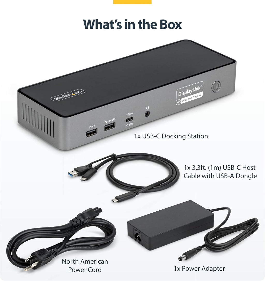 StarTech.com Triple Monitor USB-C Docking Station, 4K 60Hz DisplayLink Dock for MacBook M1 M2 M3 M4 & Windows, 2.5GbE, 2X HDMI & 2X DP, 140W Laptop Charging, USB-C DP Alt Mode - TAA
