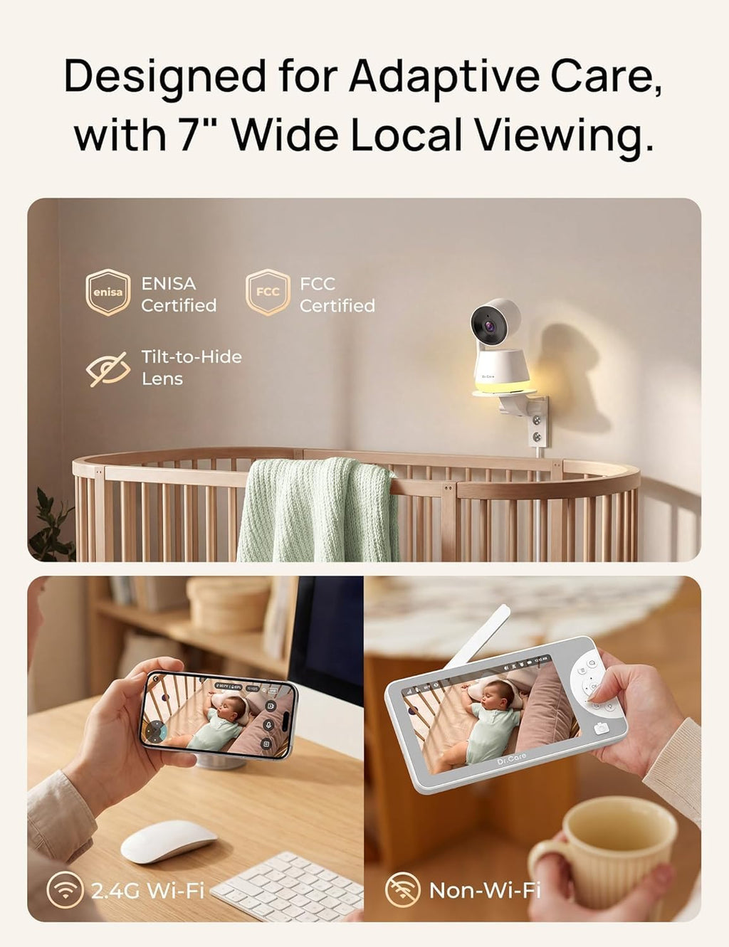 Dr.Care LumiView Max Smart WiFi Baby Monitor with 2 Camaras- 7' 1080P FHD & 2K Camera, Privacy Mode, Cry & Motion Detection, 6000mAh Removable Battery, RGB Night Light, Snapshot & Video Recording