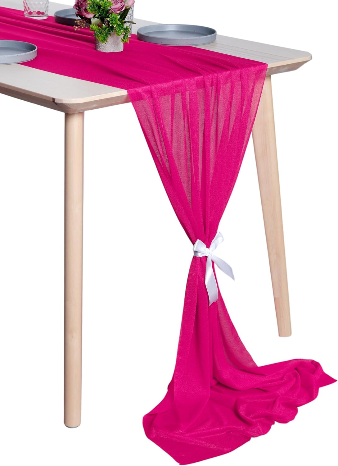 MDS® Pack of 25, 14ft Chiffon Table Runner 29 x 170 Inches, Sheer Wedding Runner Romantic Rustic Table Runner for Wedding Decoration, Birthday Party, Bridal Shower, Party Arch Décor - Hot Pink