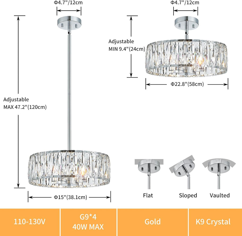 K9 Crystal Chandeliers, 4-Light Modern Pendant Light Fixture for Living Room, Dinning Room, D15 × H9~47inch(Adjustable Height), Chrome Finish Frame & K9 Crystal