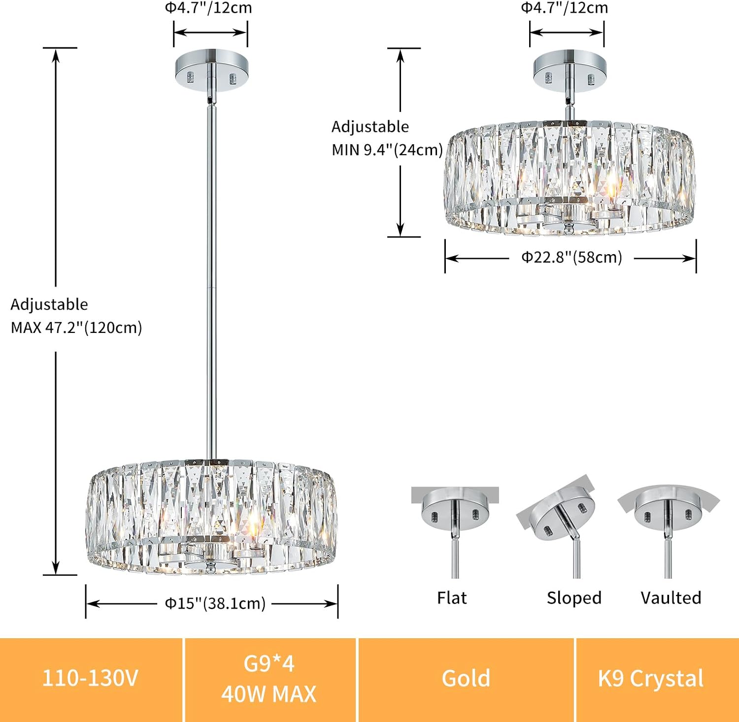 K9 Crystal Chandeliers, 4-Light Modern Pendant Light Fixture for Living Room, Dinning Room, D15 × H9~47inch(Adjustable Height), Chrome Finish Frame & K9 Crystal