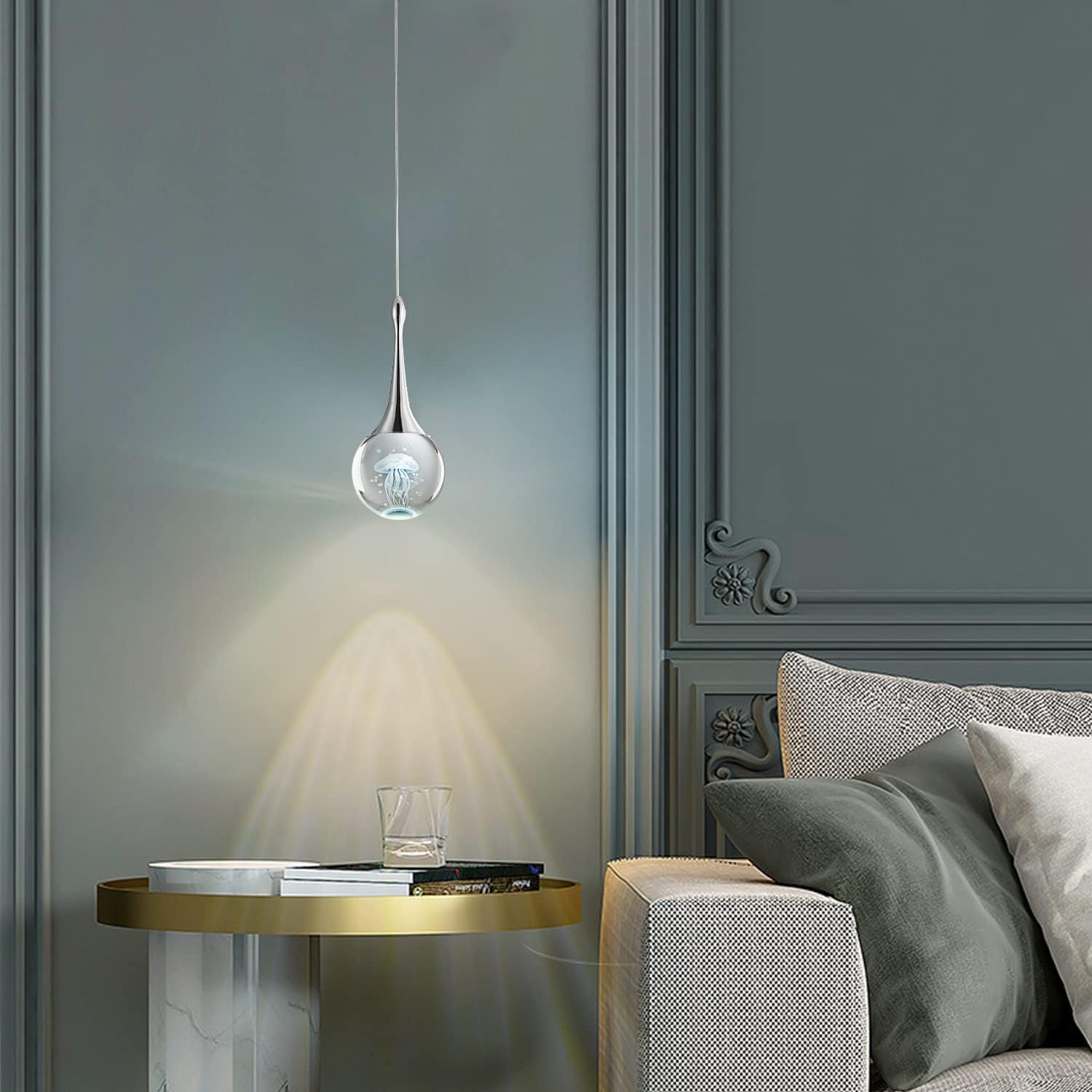 CHYING 3 Pack Mini Modern LED Pendant Lights Kitchen Island, Chrome 5W Crystal Globe Jellyfish Pendant Lighting for Dining Room Bathroom Bedroom Entry Foyer Bar, 6000K Cool White