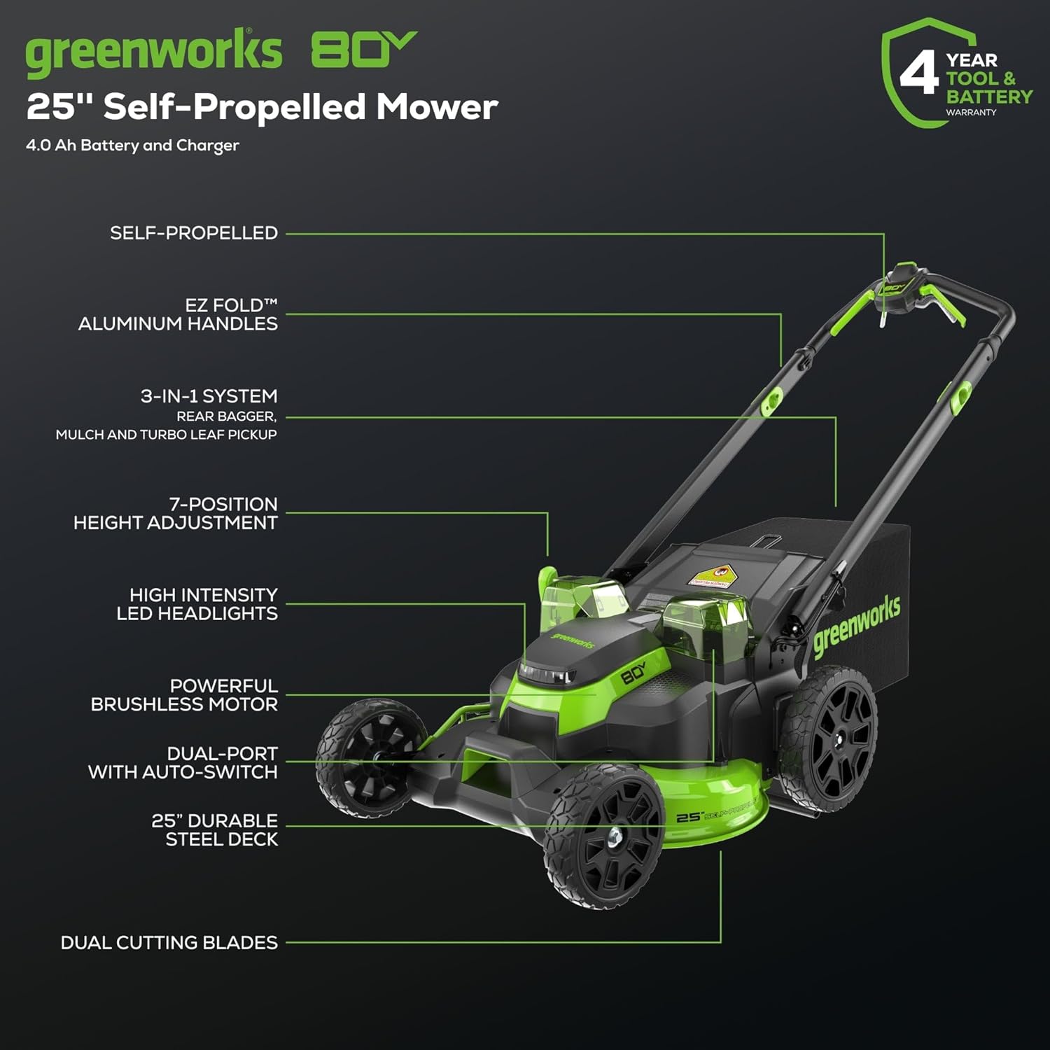 Greenworks 80V 25' Cordless Brushless Self-Propelled Rear Wheel Drive 3-in-1 Lawn Mower + 16' String Trimmer + 730 CFM Leaf Blower Combo Kit - 4.0Ah & 2.5Ah Batteries (2) + 2 Chargers | Zero Emissions