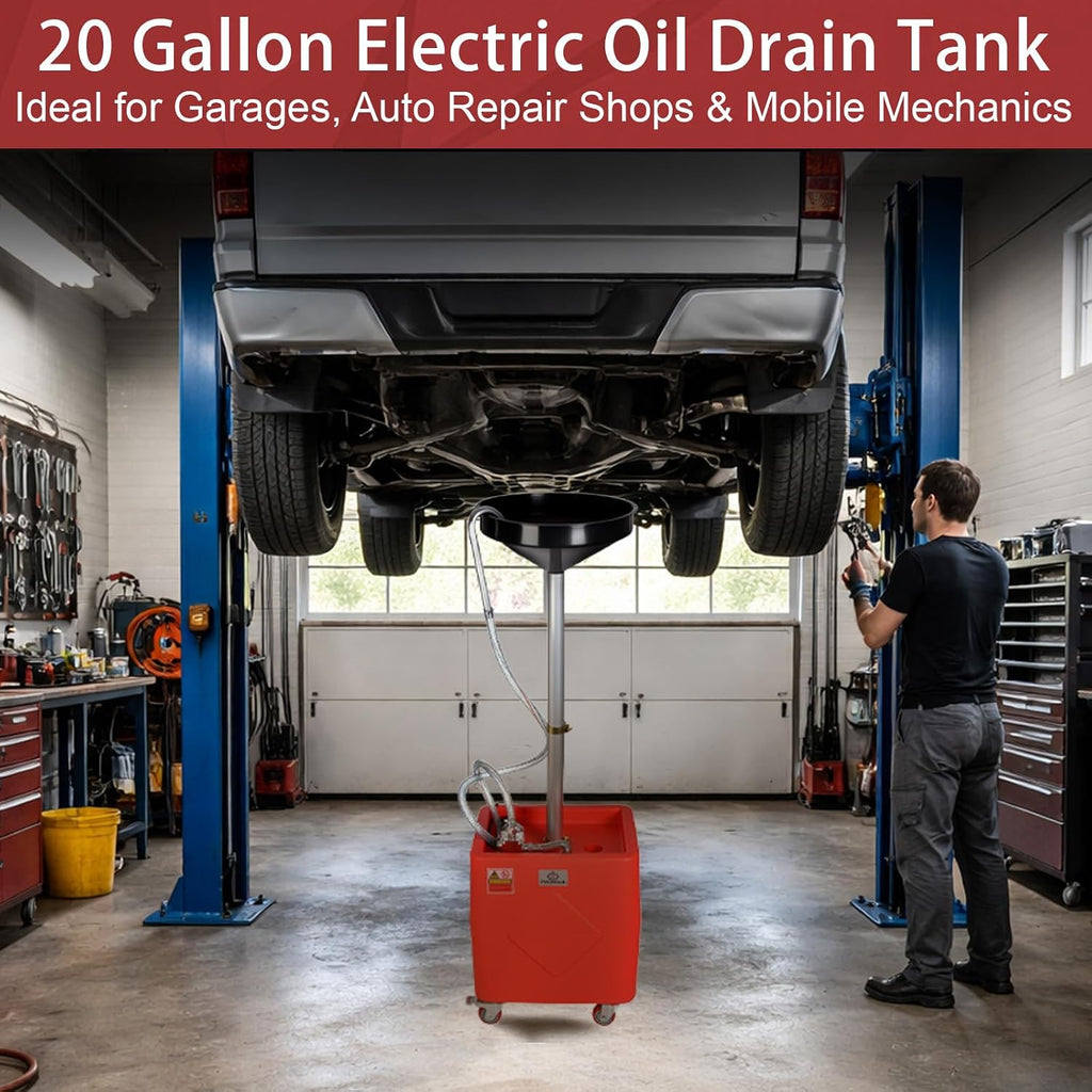 FMCNMech 20 Gallon Oil Drain Container, 8 GPM 110V Electric Pump, Adjustable Oil Drain Tank with Funnel, Waste Oil Container for Automotive Oil Changes, No Air Compressor Required