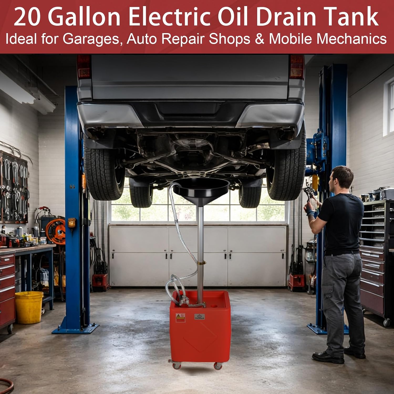 FMCNMech 20 Gallon Oil Drain Container, 8 GPM 110V Electric Pump, Adjustable Oil Drain Tank with Funnel, Waste Oil Container for Automotive Oil Changes, No Air Compressor Required