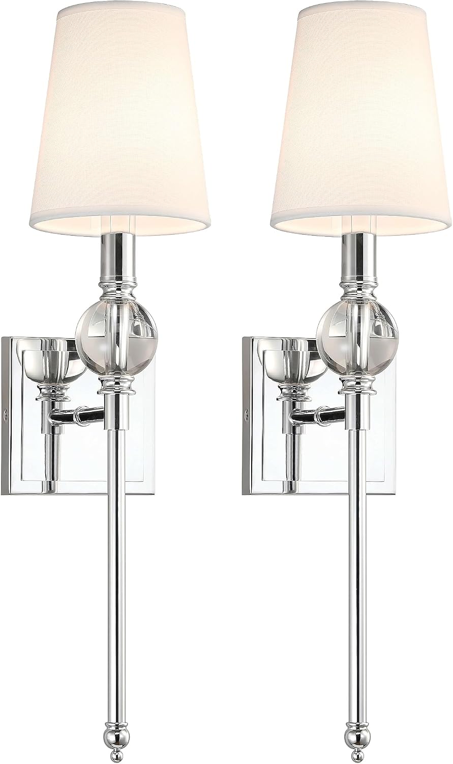 XiNBEi Lighting Wall Light Set of Two, Modern Bedroom Wall Lamp with White Fabric Shade Chrome Bathroom Vanity Wall Light with Crytal Ball Accent for Bedroom Living Room Corridor Kitchen