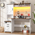 Vabches 51' Executive Desk Farmhouse Home Office Desk with Charging Station, LED Light, File Drawer, Storage Cabinet, Monitor Stand, Wood Computer Desk with Hutch for Work Study Writing (White)