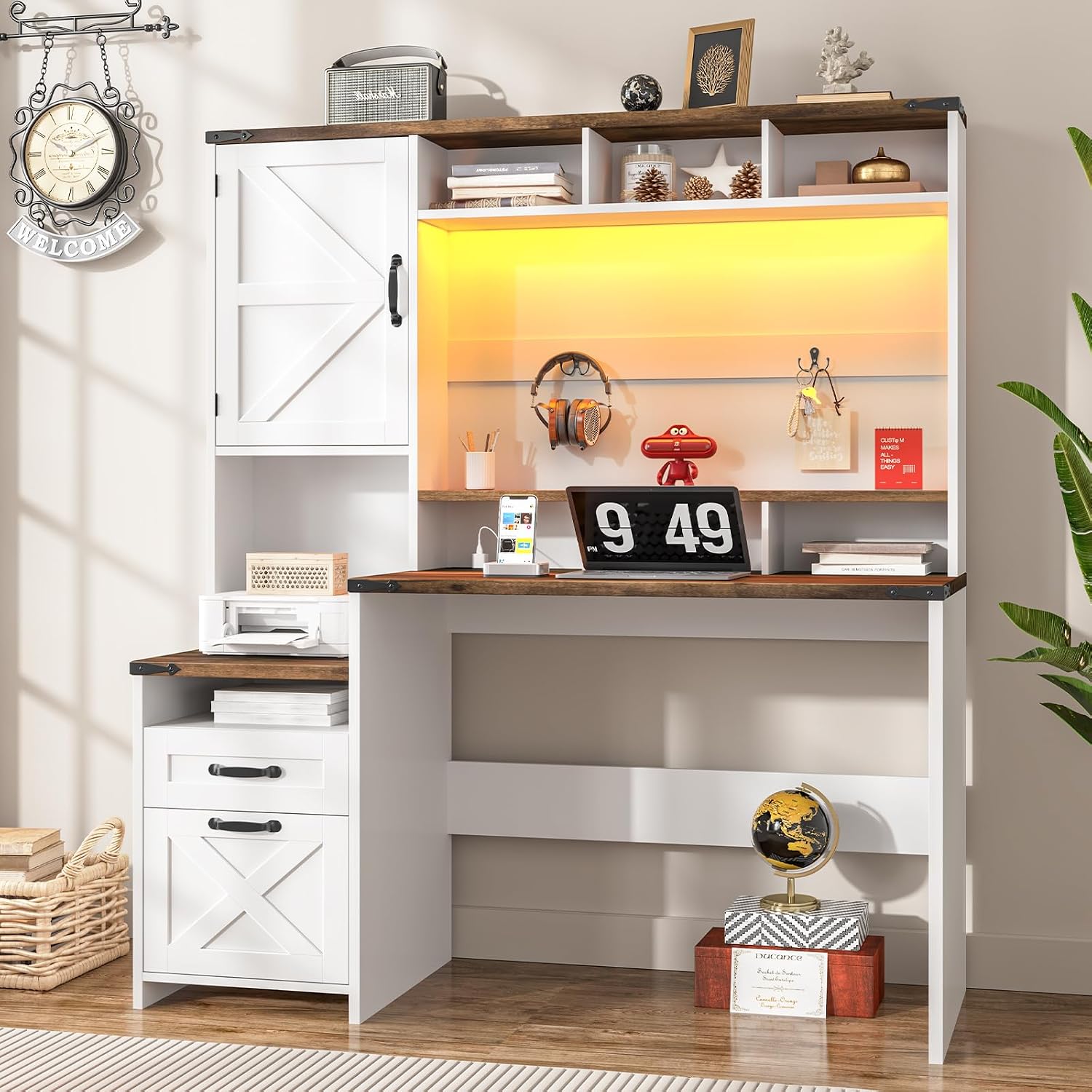 Vabches 51' Executive Desk Farmhouse Home Office Desk with Charging Station, LED Light, File Drawer, Storage Cabinet, Monitor Stand, Wood Computer Desk with Hutch for Work Study Writing (White)