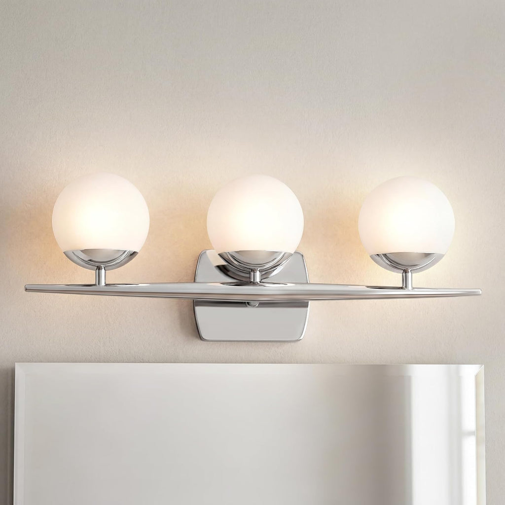 Kichler Jasper 24.5' Halogen Vanity Light in Chrome, 3-Light Mid Century Bathroom Vanity with Satin Etched Cased Opal Glass, (24.5' W x 7.75' H), 45582CH