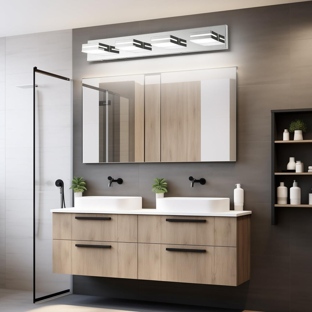 SineRise LED Modern Bathroom Vanity Light Fixtures (4-Light, 30-Inch)(5CCT, Dimmable), Chrome Modern Acrylic Bathroom Wall Lighting Fixtures Over Mirror (3000K/3500K/4000K/5000K/6000K)