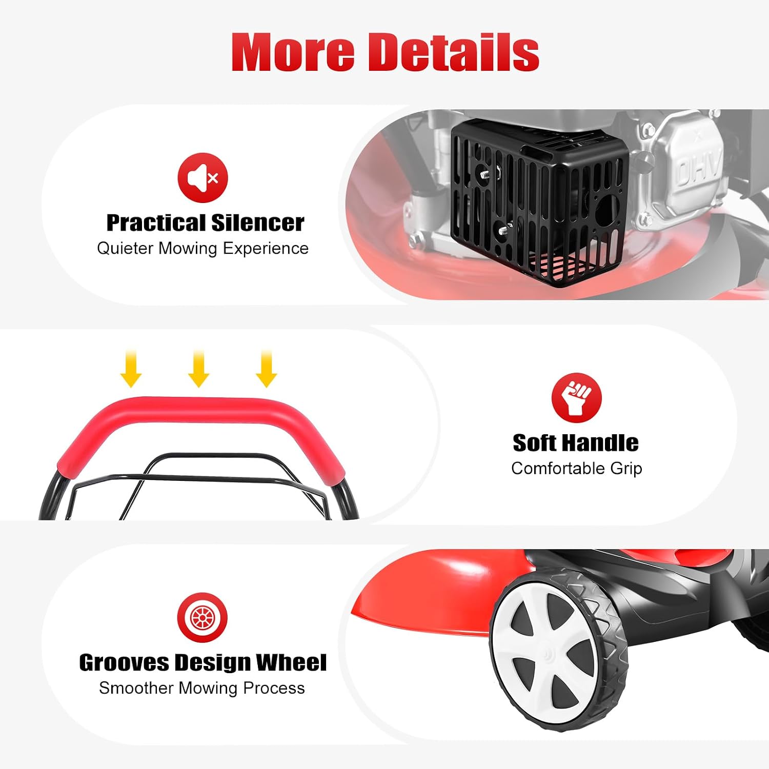 Gas Powered Lawn Mower, 20 Inch 140CC Walk-Behind Push Mower Height Adjustable Push Lawnmower for Outdoor Yards, Red/Black