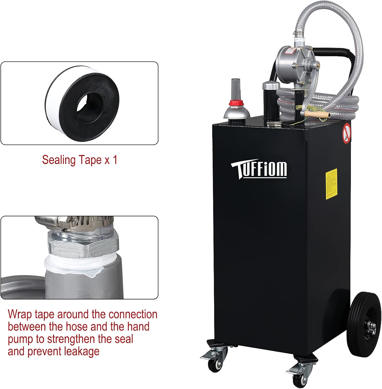 TUFFIOM 35 Gallon Fuel Gas Caddy w/Wheels & Manual Siphon Pump, Portable Diesel Fuel Transfer Storage Tank w/11.9ft Hose, Gasoline Can Container for ATV Car Mowers Tractor Boat Motorcycle